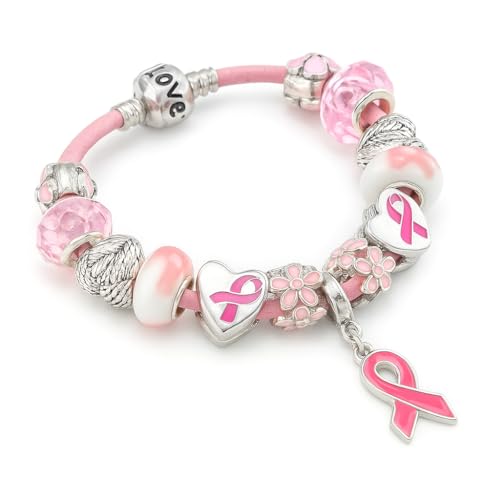 Image of Pink Ribbon Charms Bracelet, Breast Cancer Awareness Jewelry, Includes: Bracelet and Charms, 20CM, Silver, SHAPER681359413064