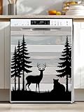 Forest Bear Dishwasher Magnet Cover, Silhouette Elk Stripes Tree Wood Grain Refrigerator Magnets Covers for The Front Door, Dishwasher Panel Fridge Decal Cover for Home Appliance Decor 23''x26''