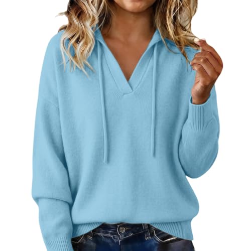 Womens Hooded Sweaters Long Sleeve V Neck Drawstring Cable Knit Sweater - image 3