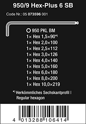 Wera - 5073596001 Hexagon 950 PKL/9 BM SB L-Key Set, BlackLaser, Ballpoint Hex Key, 9 Piece - Thumbnail 2