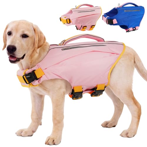 Kuoser Medium Dog Life Vest for Swimming and Boating, Reflective-Stripe Canine Flotation Jacket, Pet Safety Preserver for Pool, Beach, and Water Recreation L (Chest Girth:22.8-29.5'') Pink