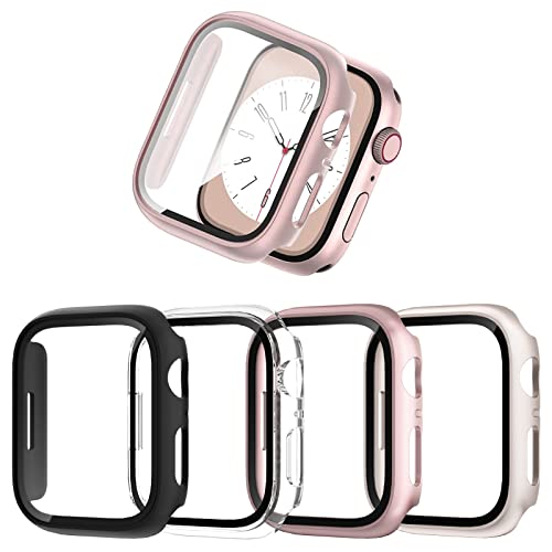 JZK Lot de 4 coques de protection pour Apple Watch Series 9/8/7 41 mm - En polycarbonate rigide ultra fin intégré - Résistant aux rayures - Film de protection en verre trempé pour iWatch 9/8/7 41 mm -