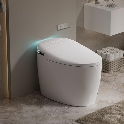 Inodoro inteligente con bidé integrado, inodoro inteligente alargado sin tanque, descarga automática, agua tibia y secador, asiento calefactado de cierre suave, pantalla digital, distancia de instalación de 12 pulgadas