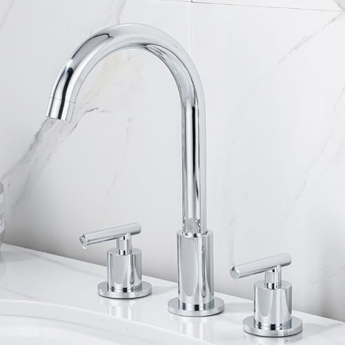 Robinet mélangeur 3 trous lavabo salle de bain avec bec pivotant 360 et double commande chrome