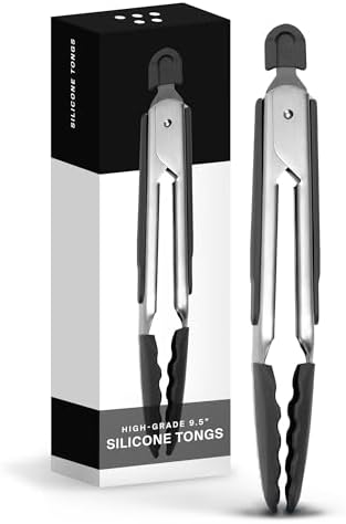 Misen Stainless Steel Kitchen Tongs - Precision Silicone-Tipped Grilling Tool - Heat Resistant, Heavy Duty, Nonstick - Perfect for Serving and Air Frying - 12 Inch - Black