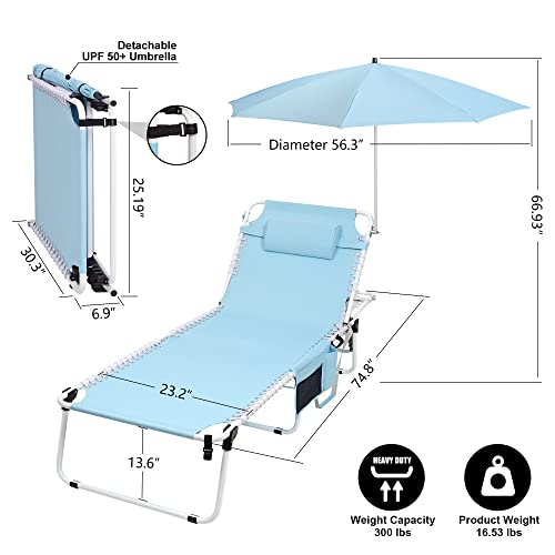 Heavy Duty Adjustable 5-Position Folding Beach Lounge Chair With Upf50+ Umbrella Canopy Shade Portable Lay Flat Outdoor Chaise Lounge Chairs For Outside Patio Pool Lawn Poolside Sun Sunbathing Camping #TOP1
