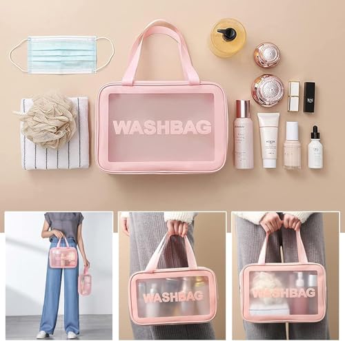 Image of KUKLAR Wash Bag Pouch for Travel Kit Toiletry Bag Cosmetic Bag Make Up Box for Brushes, Accessories with Handle, Large Capacity Translucent Waterproof Travel Storage Organizer Set of 3 (Pink)
