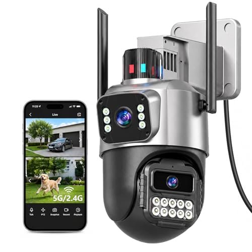GUOANVISION Outdoor Camera, Dual Lens PTZ 6MP Security Camera Outdoor, 6X Digital Zoom, Auto Tracking, Color Night Vision, 5G/2.4G Dual-Band WiFi, Plug-in Power, 2-Way Audio, IP66 Waterproof