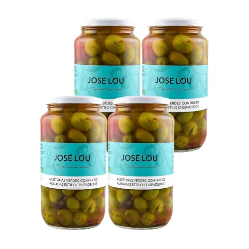 Pack 4× Aceitunas Verdes con Hueso Aliñadas José Lou – Estilo Chupadedos – Tarro 900 g (3,6 kg Total) | Sabor Artesano | Aceitunas Españolas Gourmet | Perfectas para Aperitivos