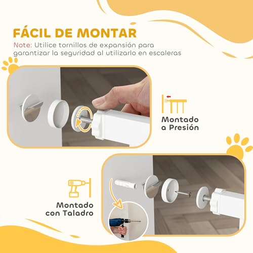 Miniatura 7 de Pawhut Barrera De Seguridad Para Perros Extensible 74-94 Cm, Para Puertas Y Escaleras, Barrera Para Perros Con Extensión 14 Cm, Montaje A Presión Y Doble Bloqueo, Blanco