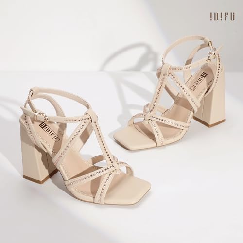 IDIFU IN4 Rhinestone Heels for Women Strappy High Chunky Block Heels Square Toe Slingback Dress Shoes Wedding Bridal Prom Party Heeled Sandals Dressy Sexy Sparkly Thick Heels4