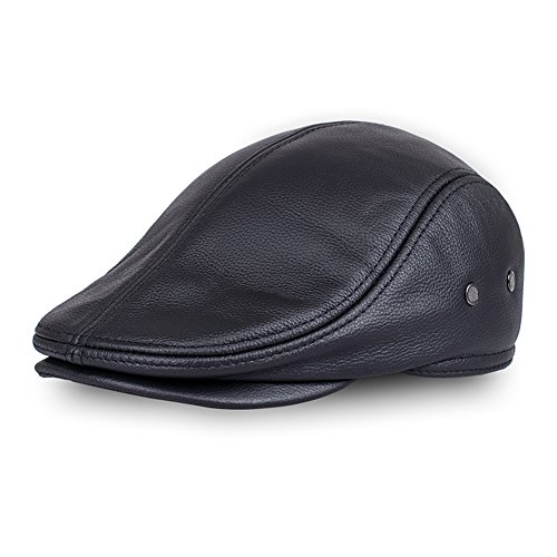 VEMOLLA Men's Real Cowhide Leather Beret Hunting Cap Beanie Trucker Cap Mens Sports Hat Black M