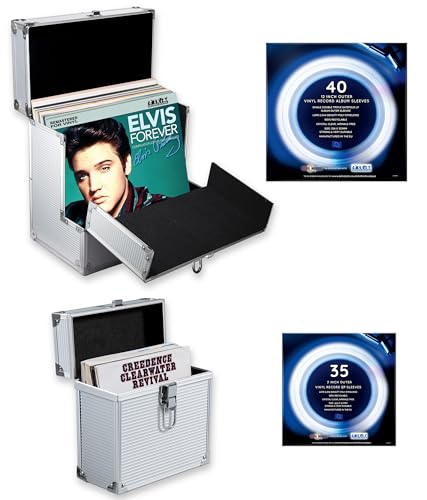 Retro musique Custodia in alluminio per dischi in vinile da 30,5 cm con patta frontale pieghevole per un migliore accesso ai tuoi LP, contiene fino a 40 LP (in custodia in PVC), include 40 custodie
