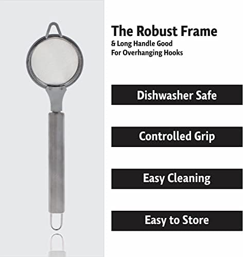 Tea Strainer Fine Mesh Stainless Steel with Comfortable Non Slip Hanging Handle Spoon Oil Sieve Filter Grease Kitchen Essentials Straining Teas Cocktail Coffee Powder Suga