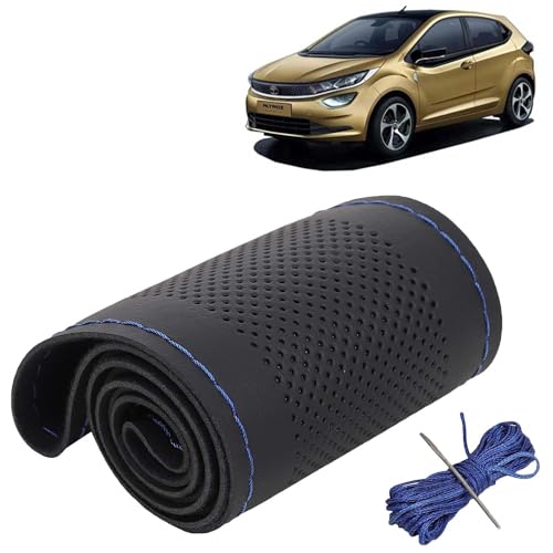 Image of KINGSWAY PU Leatherite Car Steering Cover Sewable Compatible with Tata Altroz (Year 2020 Onwards), Black Color with Blue Thread, Pack of 1 with Sewing Needle and Thread