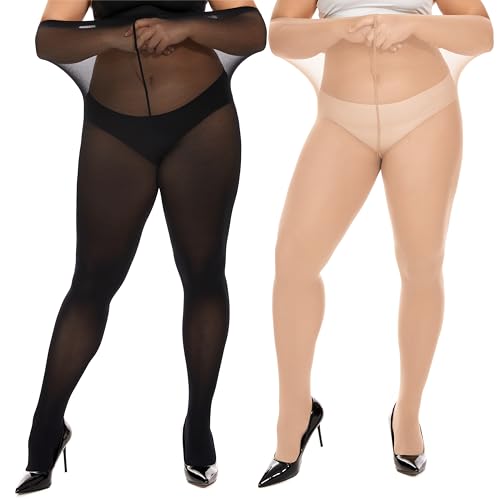 Image of DUCMODA Plus Size Tights for Women, Ultra Soft Solid Color Semi-Opaque Pantyhose, Nylon High Waist Stockings 1X 2X 3X 4X