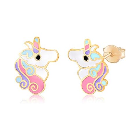 14k Yellow Gold Unicorn Earrings Stud Girls Gift Pink White Enamel Cover