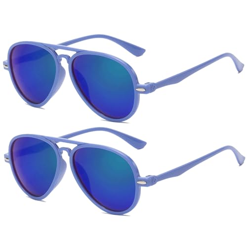 OWL Aviator Sunglasses for Boys Girls Kids Toddler Youth Stylish Set of 2 Blue Shades Mirrored Party Pack