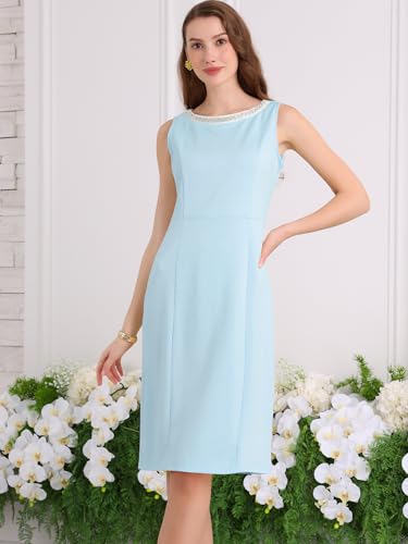 Image of Hobemty Women's Boat Neck Sheath Dresses Sleeveless Work Rhinestone Dress