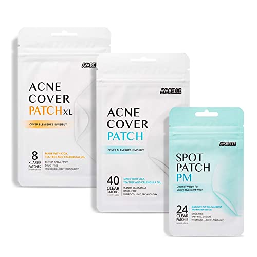 Avarelle Pimple Patches (40 Count) Hydrocolloid Acne Patches, Acne Spot Treatment for Blemishes and Zit with Tea Tree Oil, Calendula Oil and Cica Oil for Face, Vegan, ( Original + XL+ PM Patch Bundle)