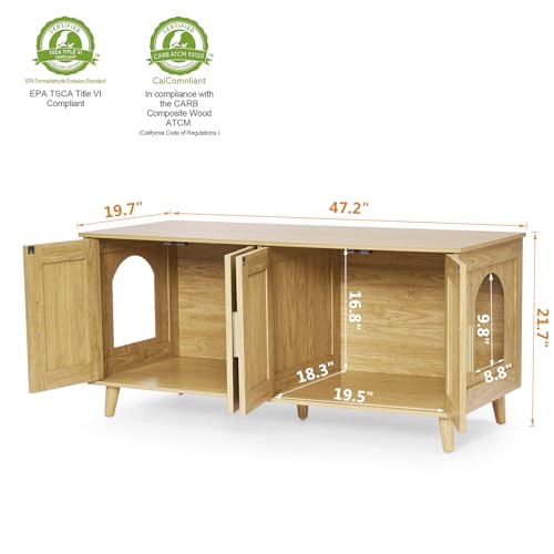 Homhedy Boho Cat Litter Box Enclosure for 2 Cats, Wooden Cat Washroom Furniture with Double Rattan Decorated Doors, Pet House,47.2”L x 19.7”W x 21.7”H, Natural