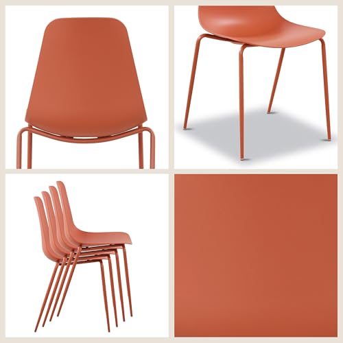Image of Poly & BARK Isla Stackable Dining Chairs Set of 4 - Mid Century Modern Plastic Dining Chair with Metal Legs - Kitchen & Dining Room Chairs - Dining Table Chairs Set - Indoor /Outdoor - Coral Red