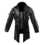 AREENO Goth Matrix Trench Coat Gothic Steampunk men's Black Steampunk Gothic Leather Coats (L, Real Leather)