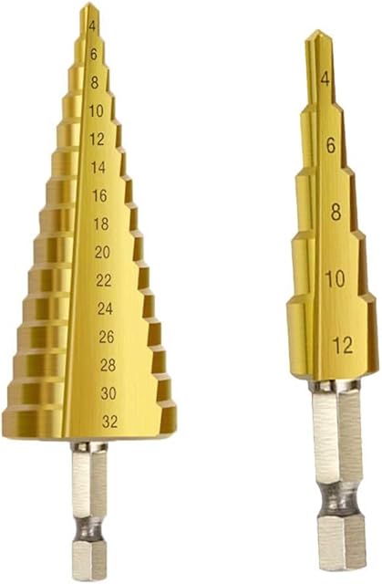 2Pcs Step Drill Bit Set Titanium Coated Universal Hex Shank 4mm to 12/32 mm (5/32" to 5/4") Hex Shank Metric Cut Tool Set for DIY Plastic Wood Metal Aluminum Copper