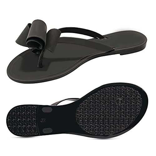 Image of TYFLOVE Women Rivet Flip Flops Studded Jelly Thong Sandals with Bow Summer Bowtie Flat Beach Rain Shoes