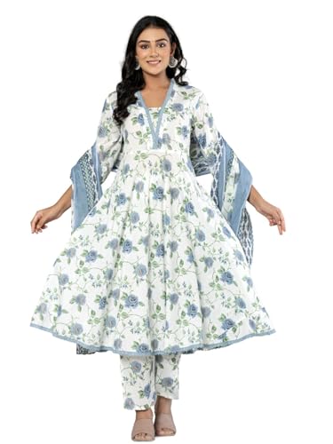 Image of Amayra Women's Cotton Printed Anarkali Kurta with Palazzo Pants and Dupatta