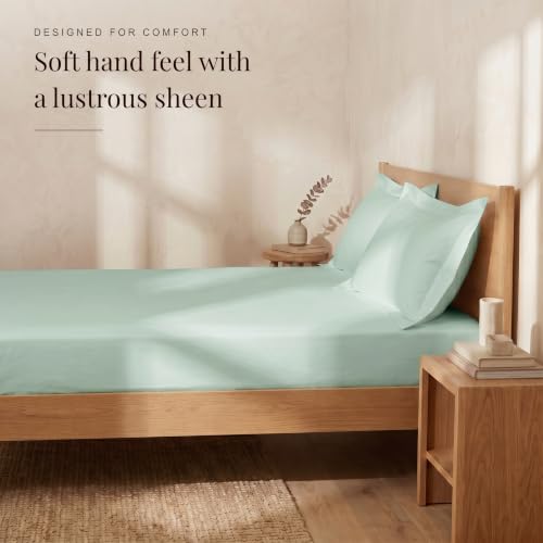Image of Huesland 300 TC Premium 100% Pure Cotton Luxe Soft Touch Fitted Single Size Bedsheet Cotton with 2 Pillow Covers | Misty Jade | 36 x 78 Inches