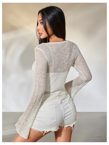 MakeMeChic Women's Knit Tops Bell Sleeve Scoop Neck Sheer Sweater Y2k Crop Tops2