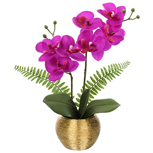 Briful Artificial Orchid Plants Purple Orchid Real Touch Flowers Artificial Phalaenopsis Flower Stems in Gold Ceramic Pot Fake Flowers for Home Decor Wedding Table Centerpiece