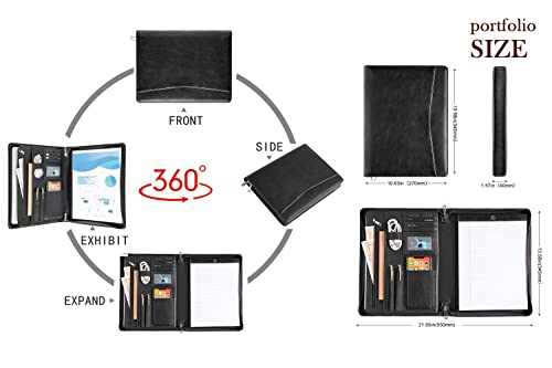 Calfinder Vegan Leather Padfolio With Zipper, Professional Business Padfolio With A4 Writing Pad Holder, For Interview Resume, Black Folio For Men And Women, Standard #TOP2
