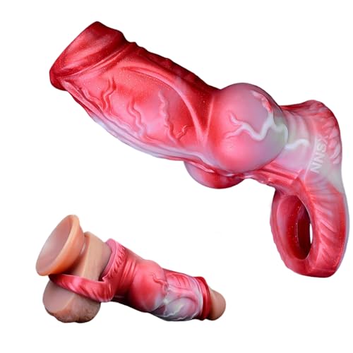 TDLPlus Realistische Hund Penishülle aus Flüssigsilikon Tierischer Dildo Penis Sleeve mit Hodenring Extender zur Penisverlängerung Vergrößerung Sexspielzeug für Männer Paare