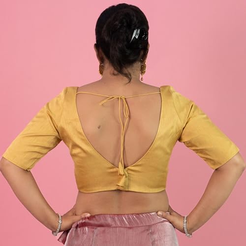 Image of FIGURE'S DESIGNER Women's Dupion Raw Silk Half Elbow Sleeves Sweetheart V Neck Sabyasachi Cut Readymade Saree Blouse S10