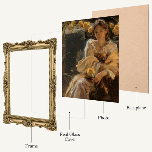 Image of eletecpro 8x10 Vintage Picture Frame with Real Glass Cover, Ornate Antique Photo Frame, Display 8x10 Picture for Tabletop or Wall Hanging, Gold Home Decor for Gallery Art