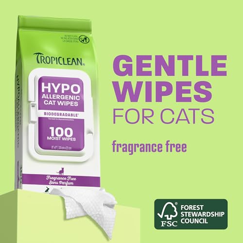 Image of TropiClean Hypoallergenic Cat Wipes, Unscented, Essential Cat Grooming Supplies, Kitten Safe, Grooming Wipes for Cleaning Fur, Made in USA, 100ct
