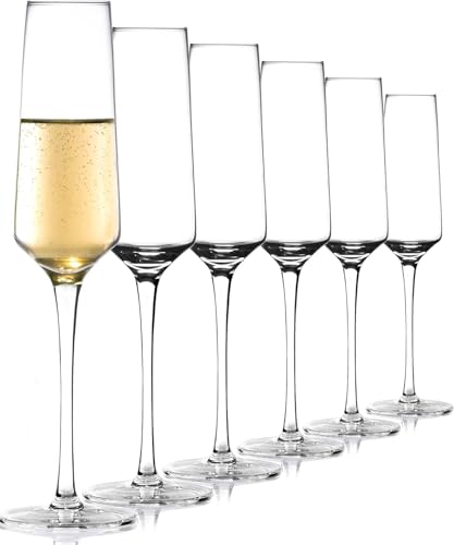 YKingder Champagne Flutes - Hand Blown Elegant Champagne Glasses Set of 6 - Unique Gift for Birthday Wedding Mothers Day - Ideal for Wine Tasting Daily Use - 220ml Clear