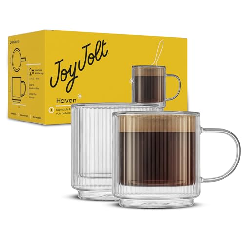 JoyJolt Haven Stackable Fluted Glass Mugs, Set of 2 Ribbed Double Wall Insulated Coffee Cups, 13.5oz Clear Mugs by JoyJolt - Used condition - US$17.74