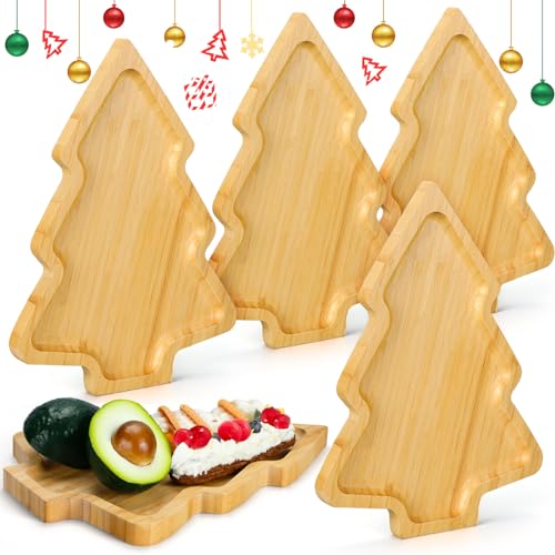 Sliner 4 platos de Navidad, bandeja de madera con forma de árbol de Navidad, bandeja de madera para caramelos, tabla de charcutería en forma de árbol de Navidad, bandeja de servir sushi, bandeja de