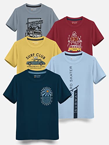 Image of HELLCAT Boys Round Neck Printed Blended Cotton Tshirt -Combo Pack of 2 - Orange /Blue