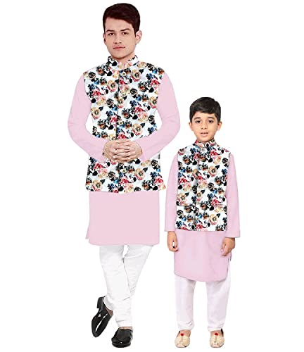 Image of Os Men's & boy kurta pyjama set with nerhu jackets (Multi printed) in cotton (baap beta|father son|)