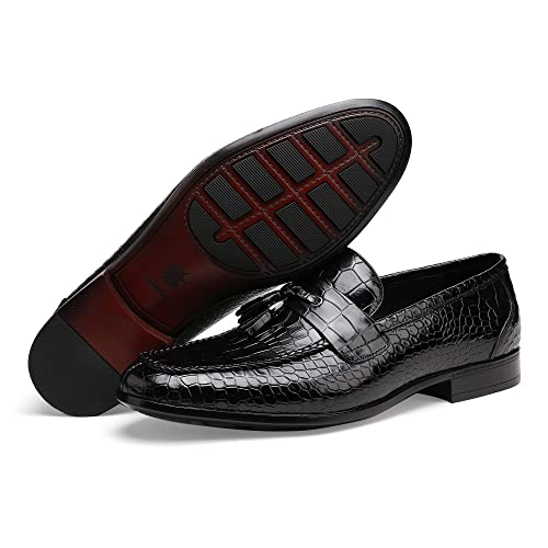Image of Mens Leather Tassel Loafer, Classic Luxury Smooth Upper Tassel Slip-on Penny Loafer for Mens, Black