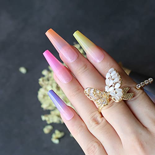 Mqpq Rainbow Press On Nails Long Coffin Gradient Clear Pink Colorful French Tip Fake Nails 24Pcs Glossy Acrylic False Nails For Women #TOP1