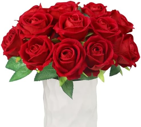 Olrla 20pcs Velvet Artificial Red Rose Flowers Heads with Stems, ...