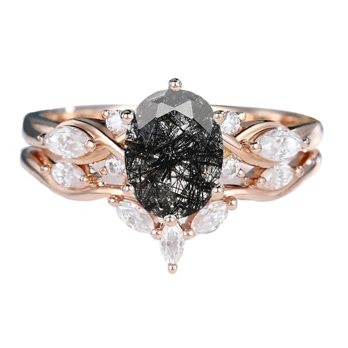 Natural Black Rutilated Quartz Wedding Rings Sets for Her Women,10K 14K 18K Gold Oval-Cut Black Rutilated Quartz Moissanite Engagement Ring Sets Gift for Anniversary Valentine's Day2