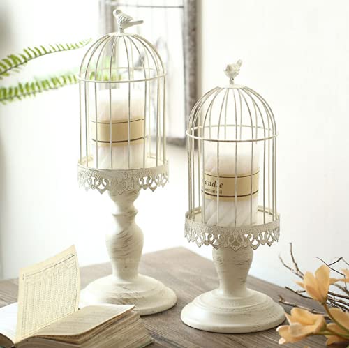 Mixvisa Vintage Birdcage Candle Holders Set of 2, Decorative Iron Candlestick Holders Set, Wedding Candle Holders for Table Centerpieces, Farmhouse Candle Holders for Pillar Candles, Distressed Ivory