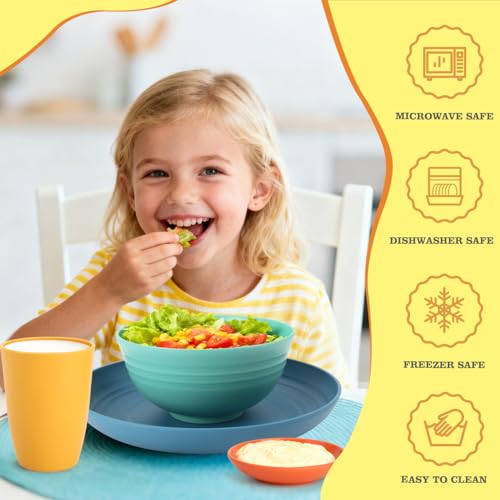 Image of Wheat Straw Dinnerware Sets, Unbreakable Plates and Bowls Sets of 16, Kids Dinnerware Set Sevice for 4, Dishwasher & Microwave Safe Dish Set for Kitchen, Outdoor, Camping - Multi