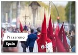 Nazareno, portador en una procesión de la Semana Santa en Sevilla, Andalucía, España. 2024 Semana Santa. Capucha roja, procesión de 2, imán para nevera